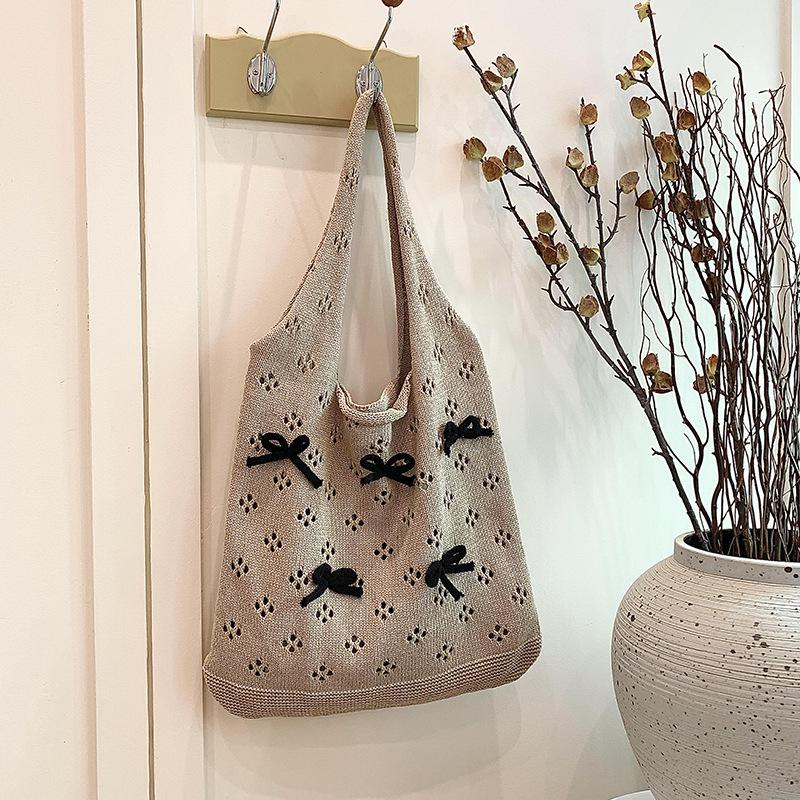 Aesthetic Knitted Bag Women Hollow Out Crochet Bow Handbag Large Capacity Handmade Tote Bag Summer Beach Woven Shoulder Bag