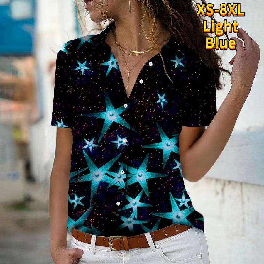 

2025 Літо Нова Мода Жіноча Сорочка Топ з Коротким Рукавом V-подібним Вирізом Кежуал на Ґудзиках з Принтом Зірок XS синій