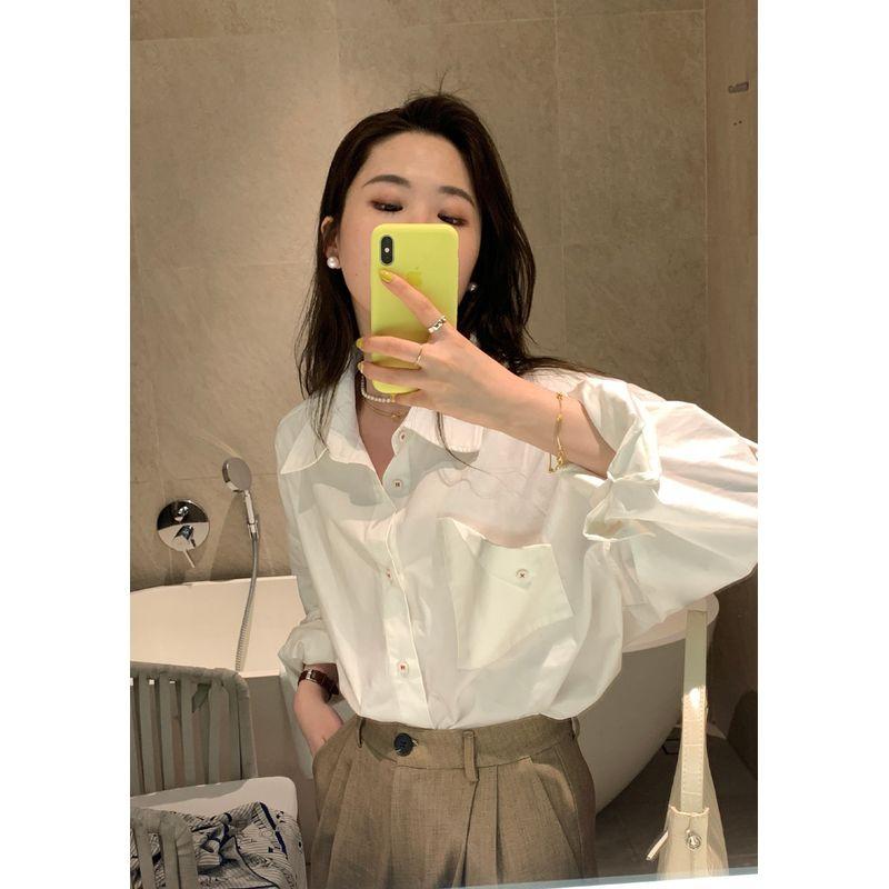 

Peach Pink Shirt Women s Fancy Korean Style Easiest for Match Loose Long Sleeve Top Stylish Niche Style Casual Bottoming Shirt White S