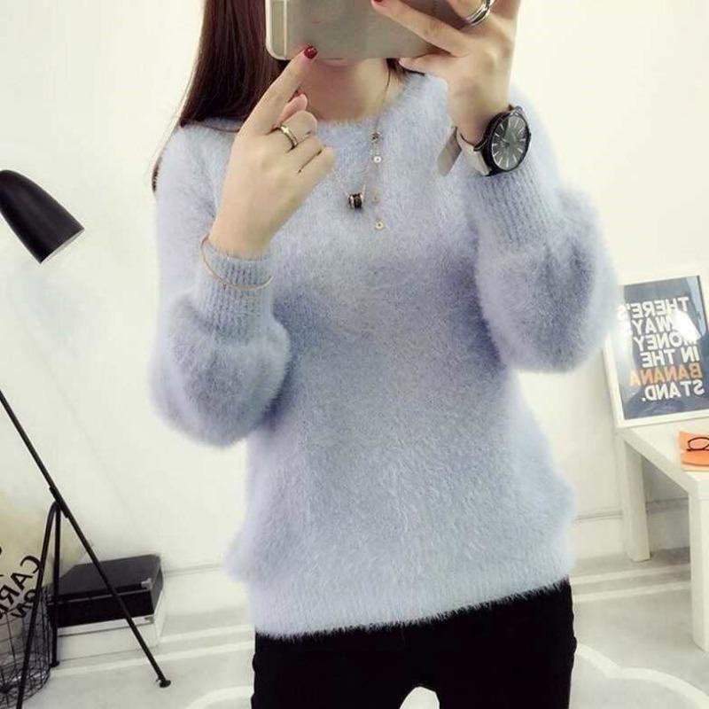 Pullover Autumn and Winter Korean Version Loose Imitation Mink Fleece Knitted Sweater Mohair O Neck Sweater Pullover Women