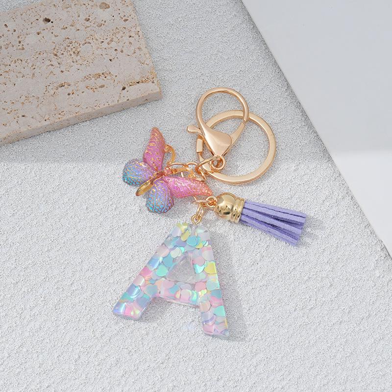 Heart & Alphabet Keychain with Butterfly and Tassel Bag Charm