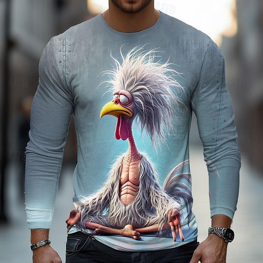 Autumn and Winter Men's Meditation Chicken 3D Printed Crew Neck Long Sleeve T-Shirt