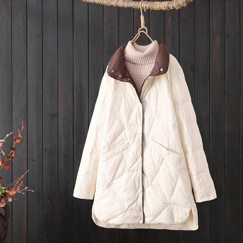 Mid-length Auspicious Cloud down jacket for women, new winter white duck down jacket, stand collar, loose duck down jacket