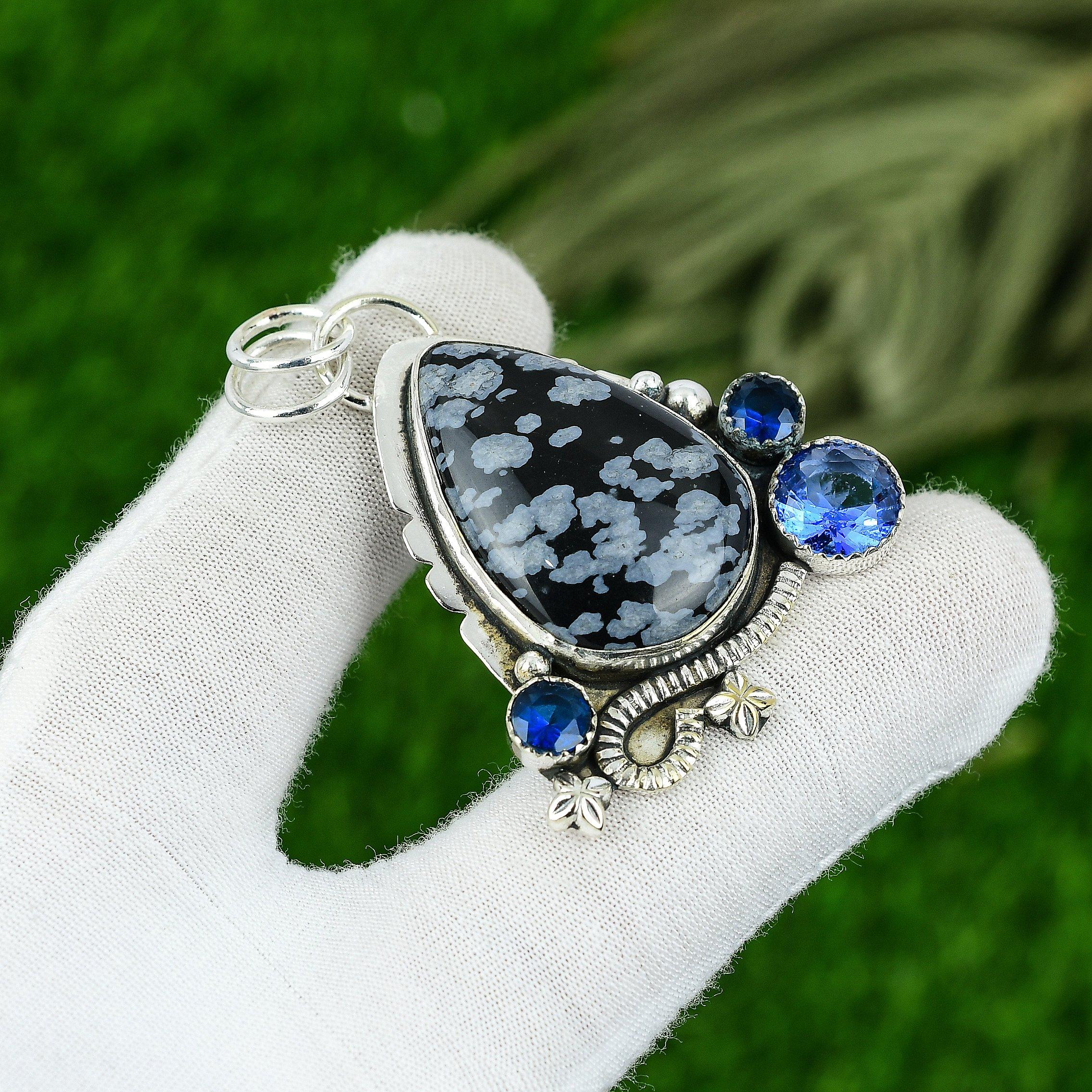 

Birthday Gift For Her Natural Snoflake Obsidian Gemstone Pendant 925 Silver