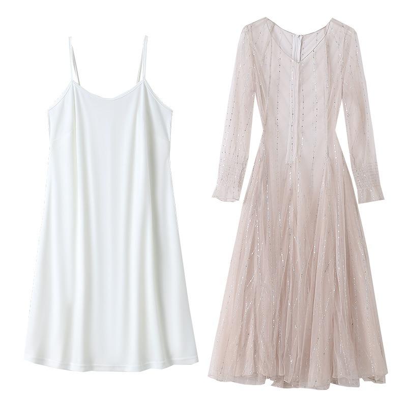 Plus Size Damen Sommermode Neues Mesh-Kittelkleid Unterrock-Set