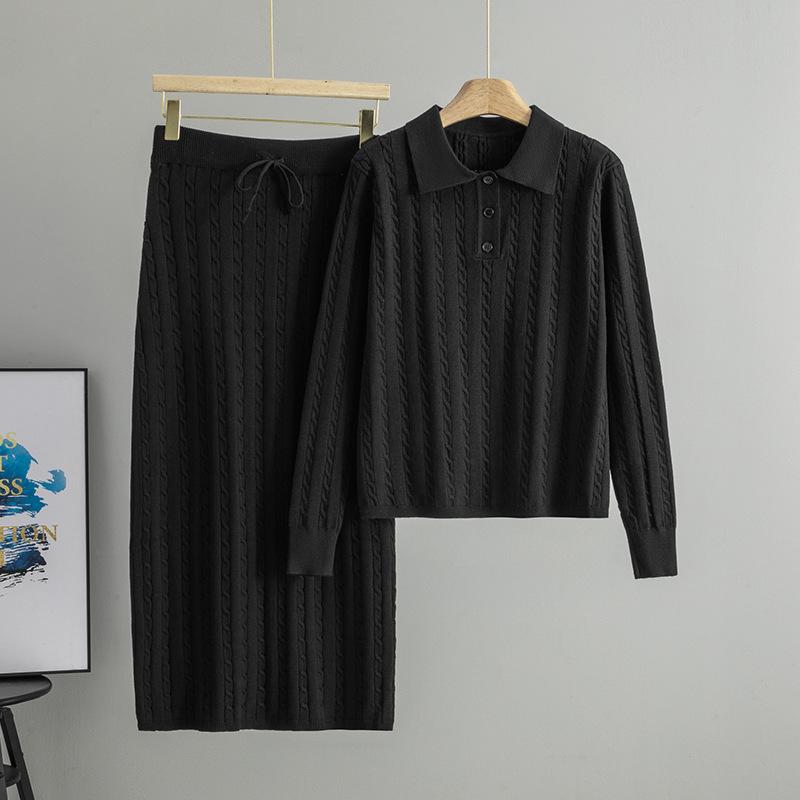 

Women s Core-Spun Half-Skirt Knit Set - POLO Collar, Casual Cable Knit Sweater, Old Money Style, Elegant Two-Piece Outfit One Size