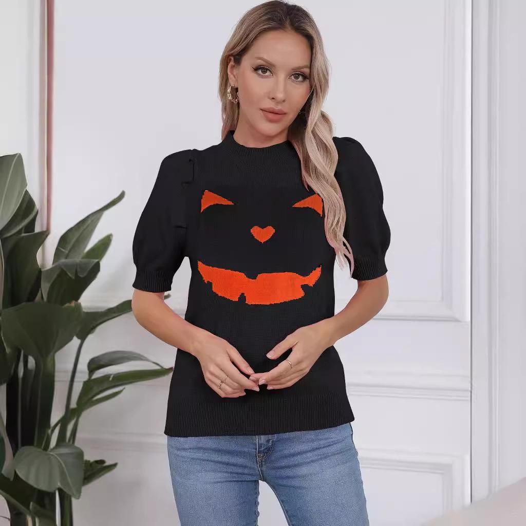 Halloween Women's Slim Fit Pumpkin Smile Knit Top - Short Sleeve Round Neck Sweater