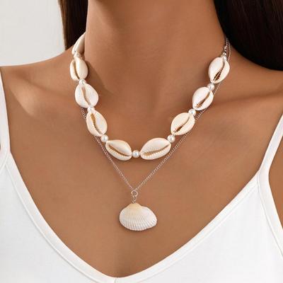 European & American Fashion Shell Pearl & Jade Wax Rope Layered Beach Necklace for Women