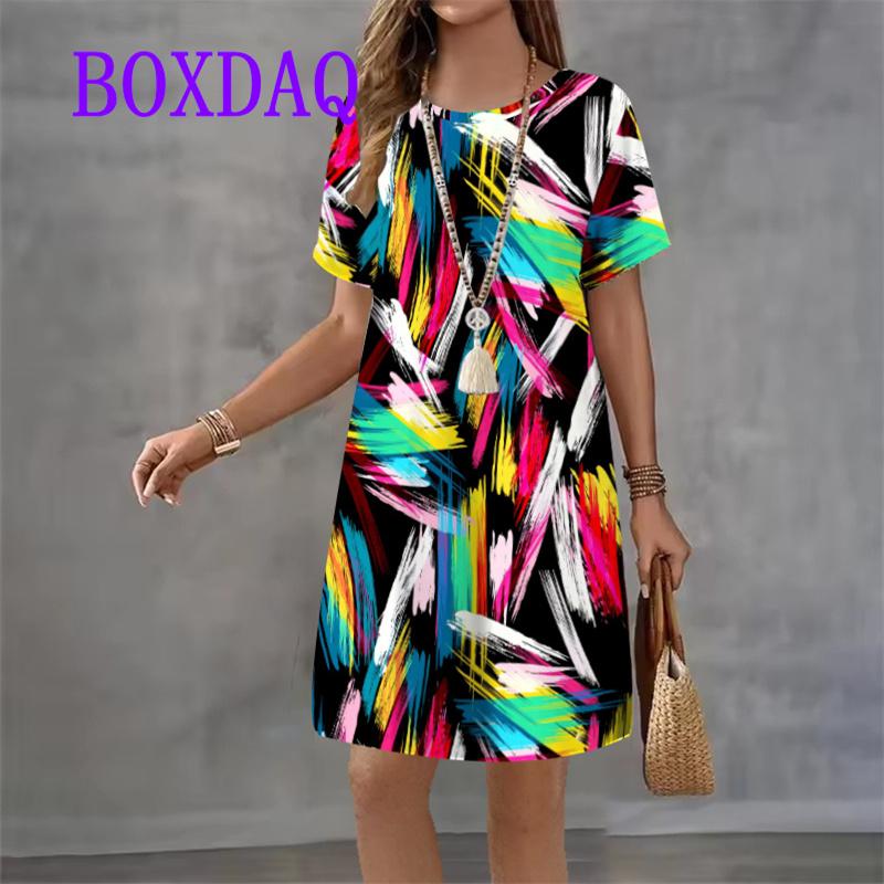 Gradient check Pattern For Ladies Dress Vintage Short Sleeve O-Neck Loose Casual A-Line Dress Summer Print Women Sundress