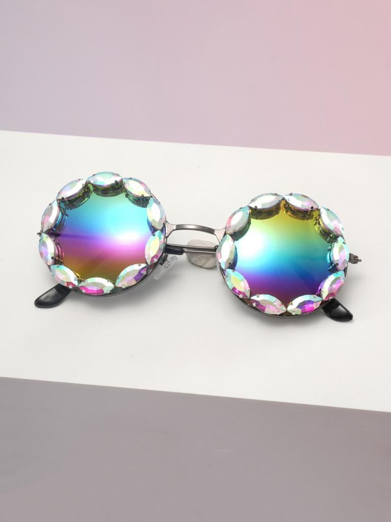 Colorful Crystal Embellished Round Sunglasses for Women Glamorous Vintage Female Style Sun Glasses KJ020