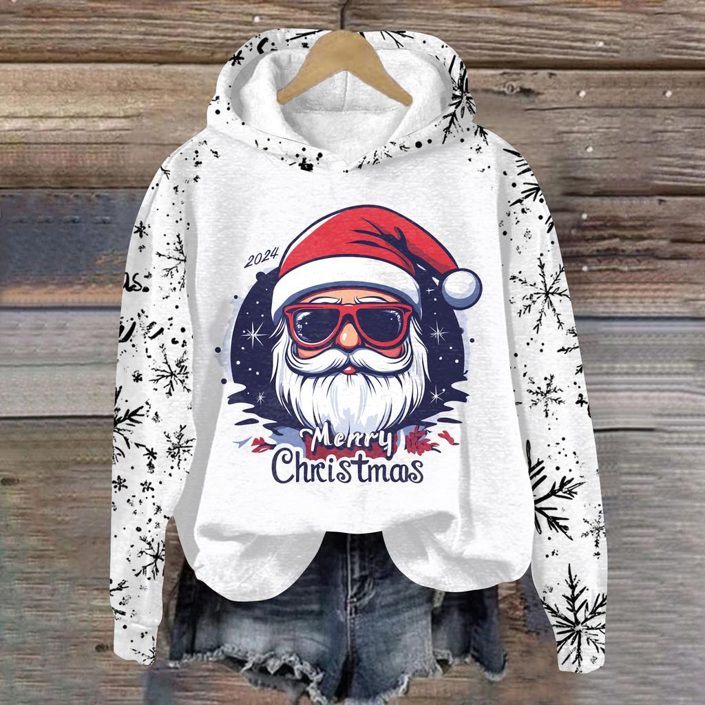 Women's Fashion Casual Pullover Plug Sleeve Christmas Printed Hooded Sweatshirt
