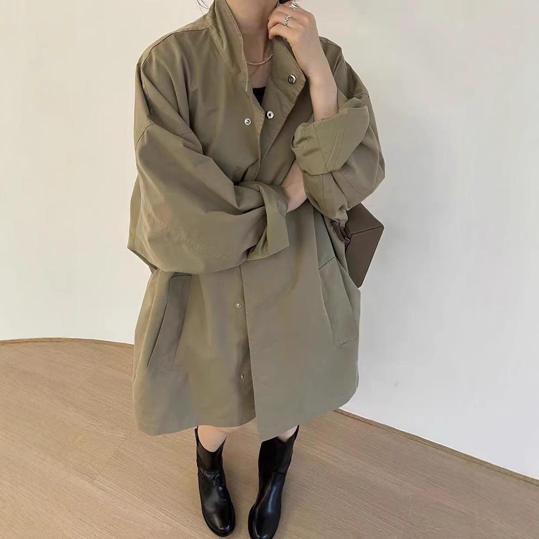 

Корейский шик Весенний плащ с воротником-стойкой, свободного кроя, с длинными рукавами, повседневный, для женщин L чёрный