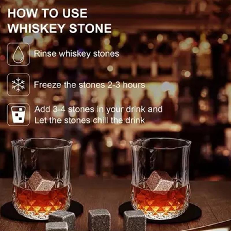 Whiskey Stones And Whiskey Glass Gift Set Of 4, For Men | Father's Day, 6 Granite Whiskey Stones, 2 Whiskey Glasses,1 Wooden Box