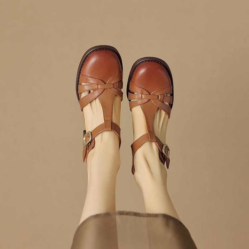 Modne Eleganckie Damskie Sandały na Obcasie z Zakrytymi Palcami Luksusowa Marka Skóra Naturalna Wysoki Obcas Blokowy Sandały Rzymskie Haftowane Czółenka Gladiator