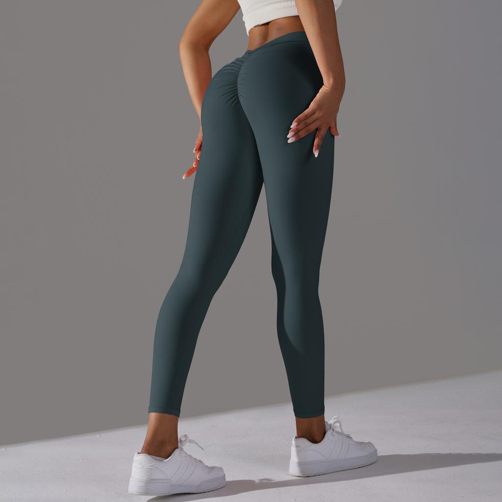 Brushed V-waist Pleated Solid Color Peach Hip Yoga Pants For Sports, Running, Fitness, Tight Fitting Cropped Pants