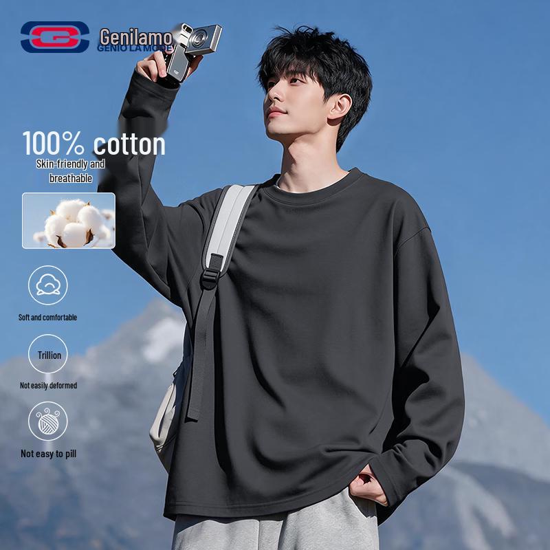 GENIOLAMODE Men's Heavyweight Cotton Long Sleeve T-Shirt