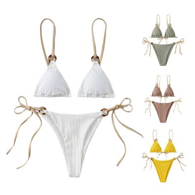 2 ks/Sada Letní Bikini Set Jednobarevný s tenkými ramínky a kroužkem Klasické Dámské Plavky pro Vodní Sporty