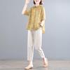 Koreanischer Stil Baumwolle Leinen Übergröße Retro-Print Zweiteiliges Set - Damen Lässiger Sommeranzug
