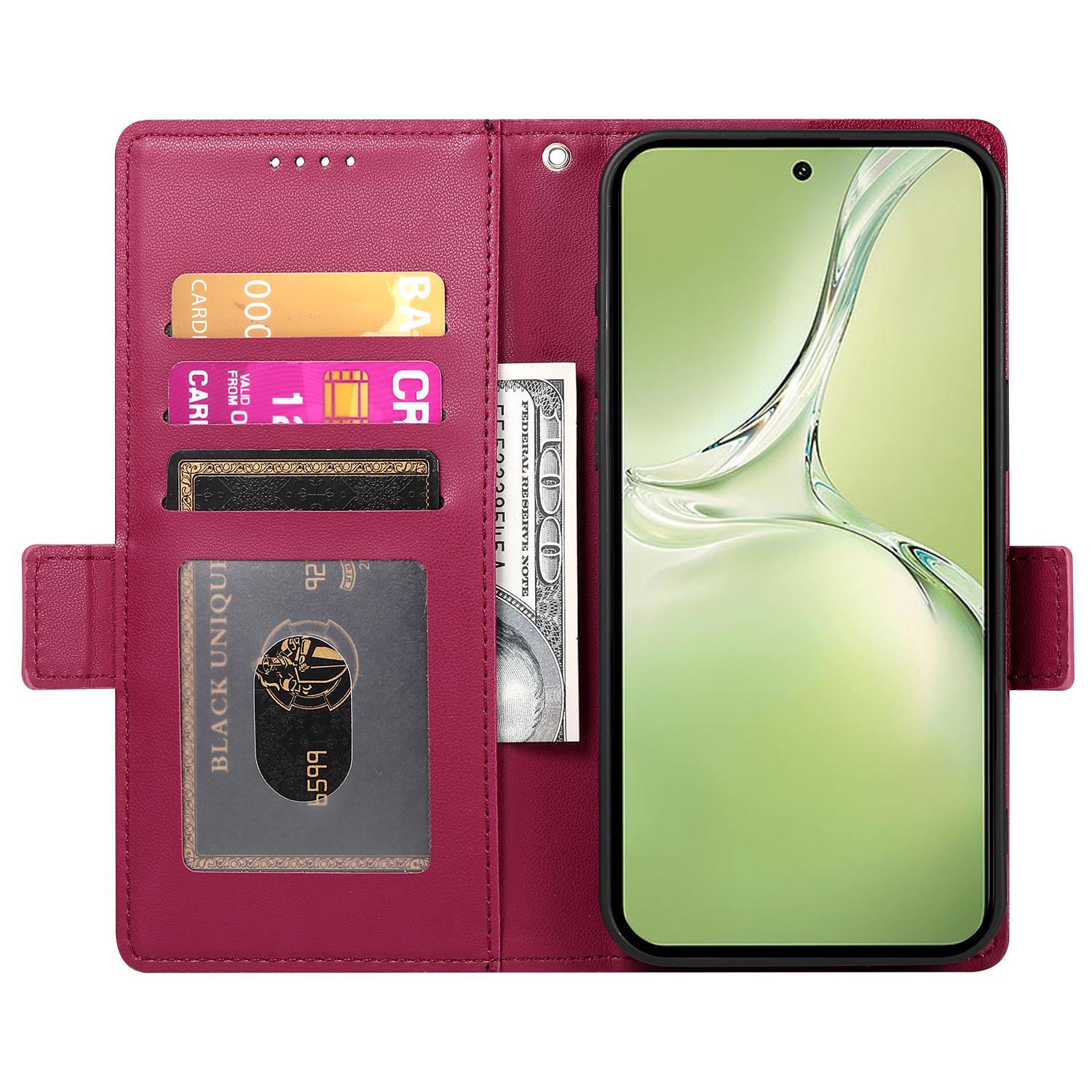 

DF-010 For Oppo K12x 5G (China)/OnePlus Nord CE4 Lite 5G Stand Case PU Leather Wallet Phone Cover Wine Red