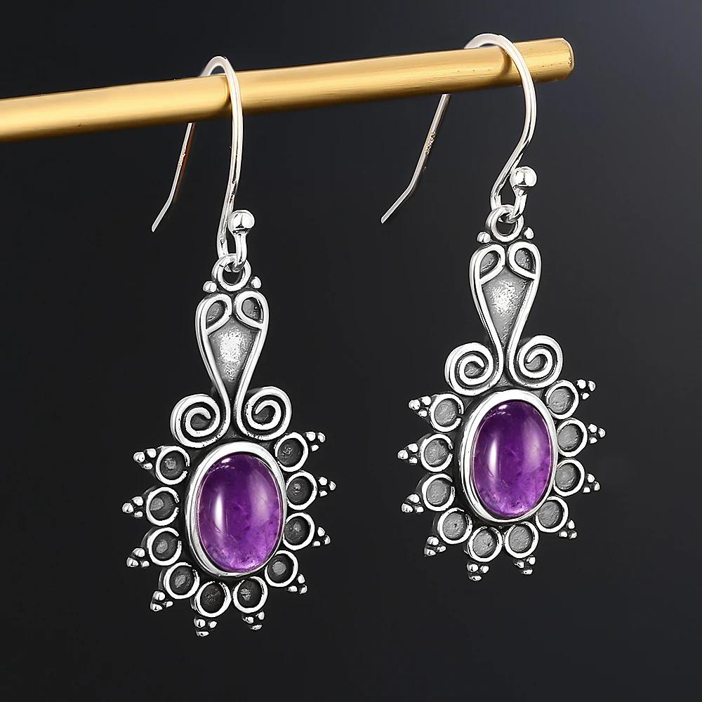 New Style Oval Ethnic Flower Amethyst Women's S Silver Drop Earrings Wedding Party Anniversary Engagement