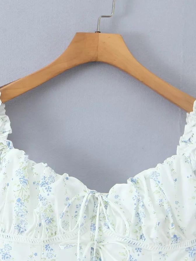Elegant French Square Neck Floral Tie-Up Top - Women's Summer Slimming Waist-Cinching Shirt