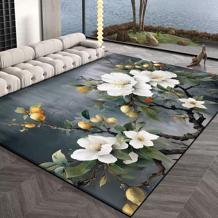 Luxury Dark Carpets for Living Room  Gold Flowers and Leaves Pattern Carpet Decoration Home Senior Mat