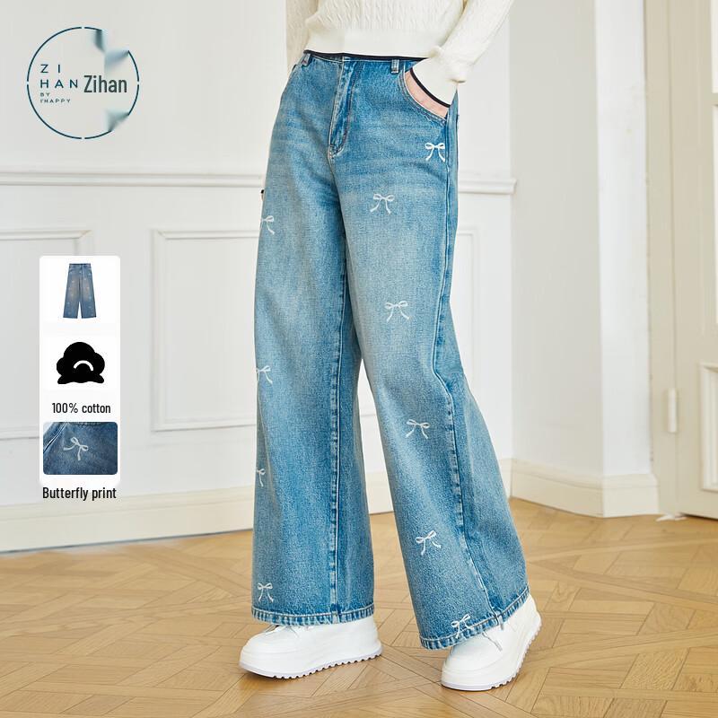 ZIHAN Women s Bowknot Print Wide-Leg Denim Jeans M