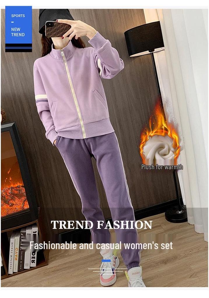 Winter Women's Fleece-Lined Slim Fit Cardigan & Joggers Fitness Set