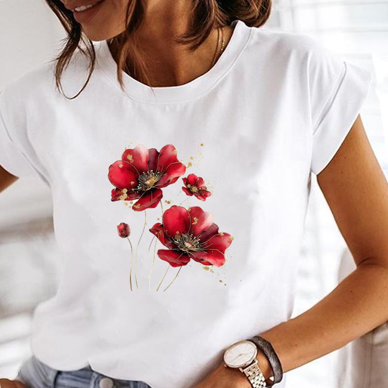 (Asian Size) Casual Clothing Printed Female Top T Shirt o-neck watercolor flower Short Sleeve T-shirts Lady Fashion Women Graphic Tee