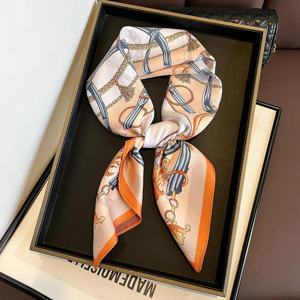 1Pcs Luxury Imitation Silk Square Scarf Women‘S Double-Sided Chain Print Neckerchief Bandanas Foulard Hairbands Shawls Wraps