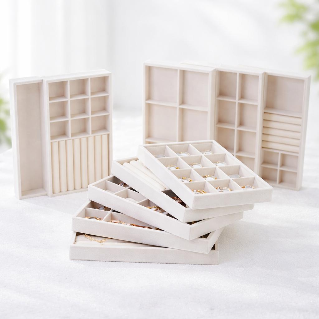 1PC, Flocking Jewelry Box Jewelry Tray, Color: Beige/Grey