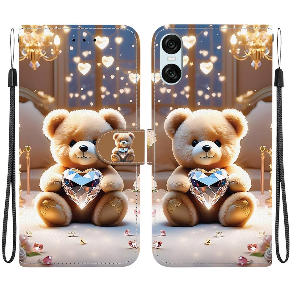 Handgefertigte PU-Leder-Flip-Hülle für Sony Xperia 10 VI Rutschfeste Stoßfeste Hülle mit Handschlaufe & Herz/Rose Katze Designs