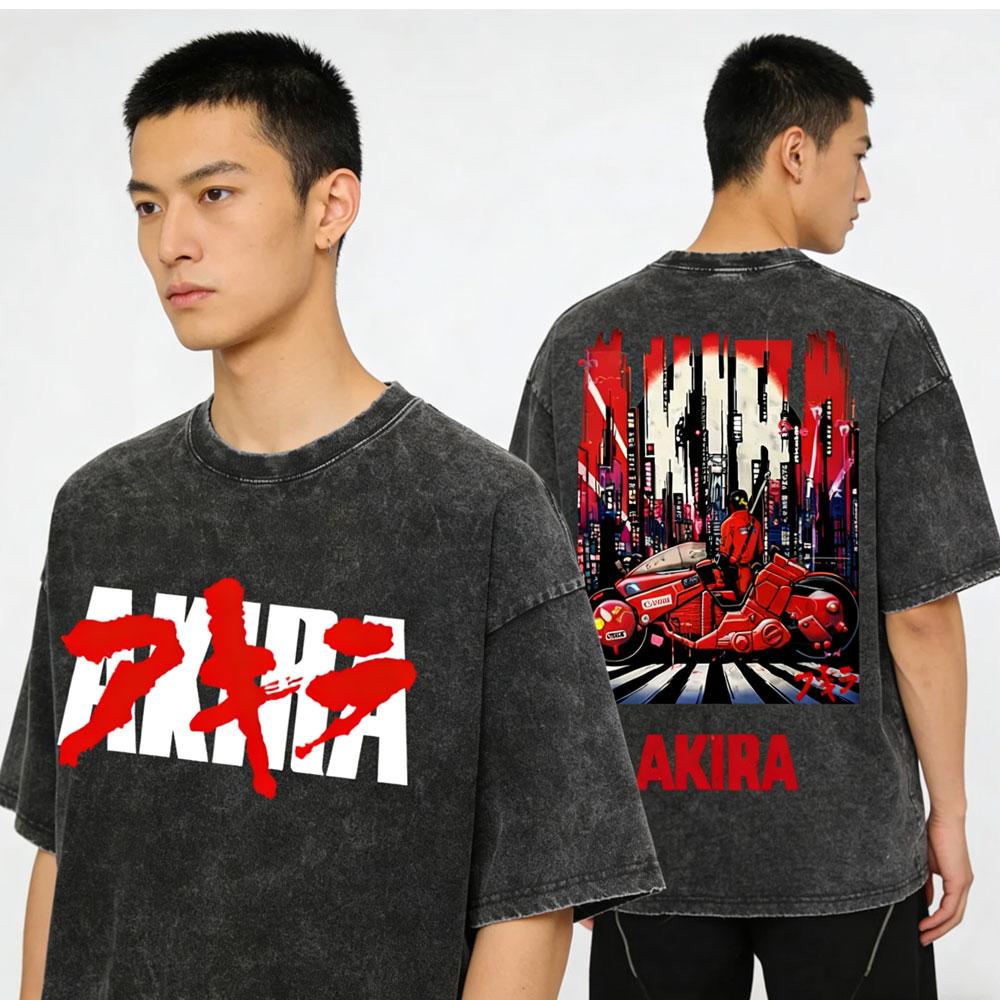 Washed Vintage Anime Akira T Shirt Japanese Science Fiction Cartoon Movie Shotaro Kaneda Merch Tshirt Men Cotton Retro Tshirts