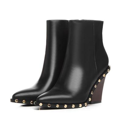 Genuine Leather Ankle Boots Women Gold Rivet High Heel Boots Leather Women Autunm/Winter Black Boots