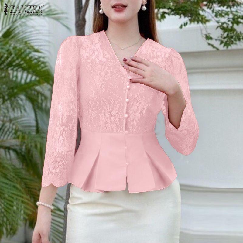 ZANZEA Damen Casual V-Ausschnitt 3/4-Ärmel Spitzen-Patchwork Slim Bluse