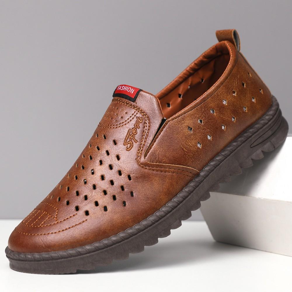 Men's leather shoes spring and summer new soft surface soft sole one pedal business men's shoes hollow breathable shoes