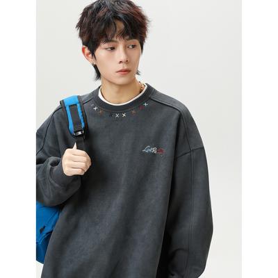 Erkek Renkli Nakışlı Yuvarlak Yaka Bol Uzun Kollu Vintage Günlük Kazak Sweatshirt
