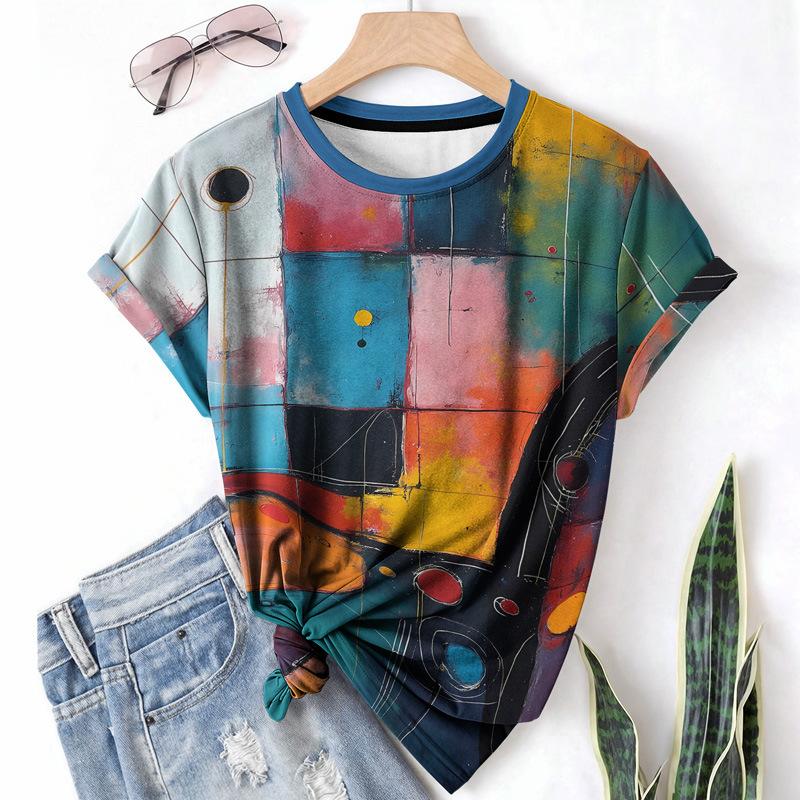 T-shirt da donna estiva a girocollo a maniche corte con motivo astratto stampato in 3D, artistica, leggera, casual e alla moda