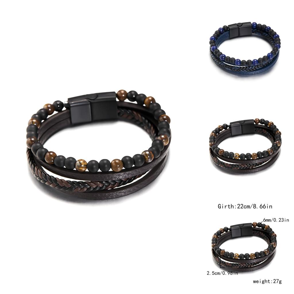 Geometric Style Mens Weaving Leather Wristband With Bead Design For Fashion And Travel