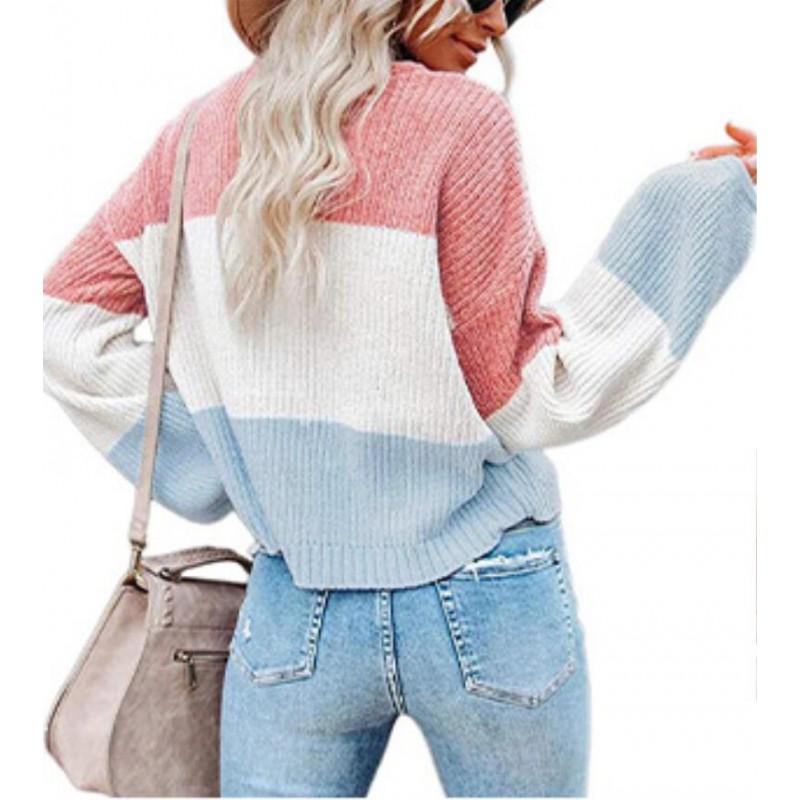 Womens Winter Loose Knit Sweater With Color Block Lantern Sleeves Round Neck Long Sleeve