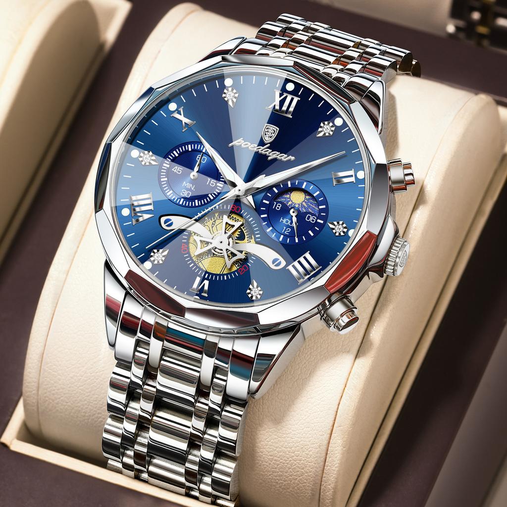 Mens Watch Multifunctional Chronograph Quartz Watch Moon Phase Watches For Men Waterproof Mens Gifts Reloj