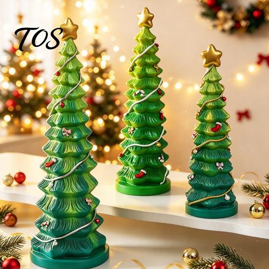 Holiday Window Sill Decoration Resin Christmas Tree Figurine, Gradient Green Orange Tabletop Decor with Star Colorful Statue Topper, Hand-Painted