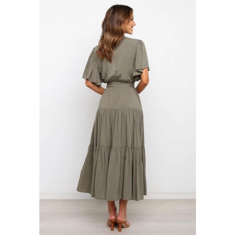 2025 Summer V-neck Short Sleeved Casual Dress Elegant Women Commuter Lace-up Waist Office Casual Party A-line Dresses Female Women's Clothing