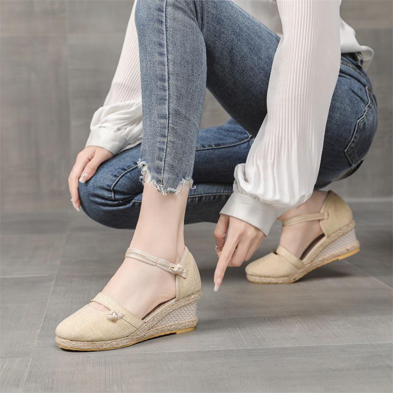 2025 New Korean Style Women's Wedge Heel Sandals: Comfortable Pointed Toe Buckle Linen Casual Sandals