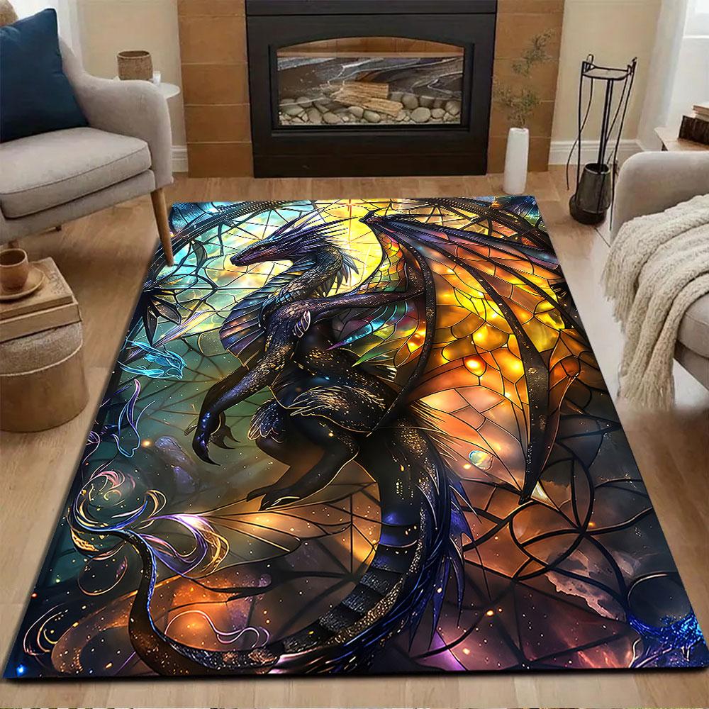 "Stained Glass Mystic Dragon" Patterned carpet, non slip mat suitable for living room and bedroom sofas