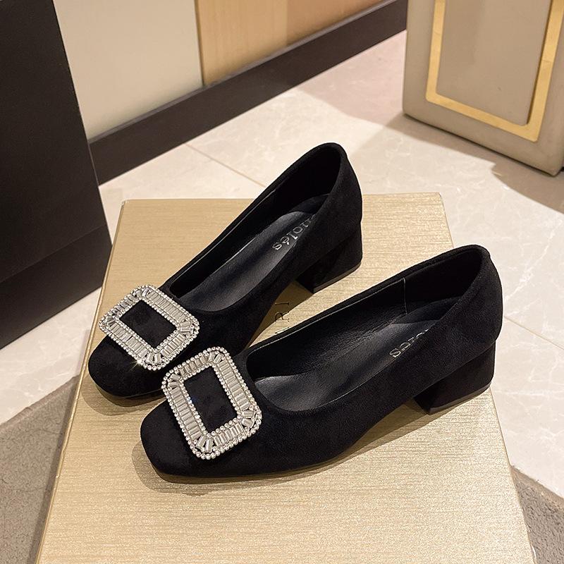 Premium Temperament Strass Schwarz Niedrig Absatz Einzelne Schuhe Leichte Schuhe Frühling Ein-Pedal Damen Schuhe Damenschuhe Frauen