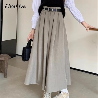 Korean Skirt Women Solid Color Versatile Mid-length Pleated Skirt Large Swing Type Skirt Female Long Skirts for Women