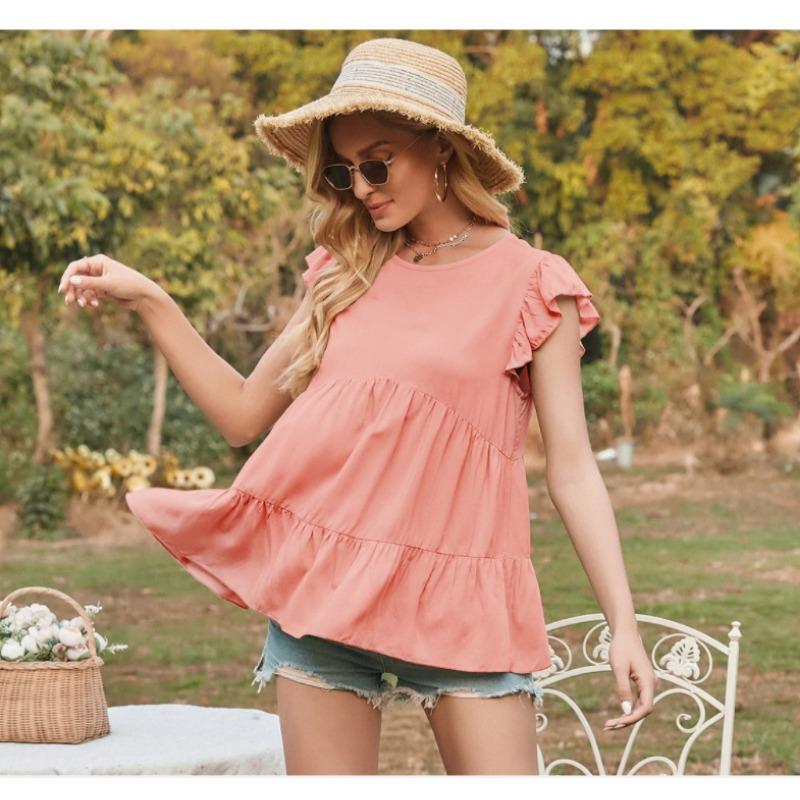 

Летний женский свободный топ с круглым вырезом и рукавами-фонариками, с коротким рукавом, для женщин, рубашка S розовый