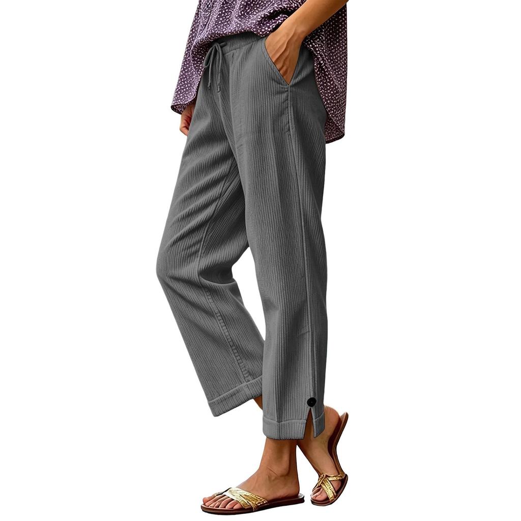 Women's Corduroy Straight Leg Pants Casual Trousers with Split Hem