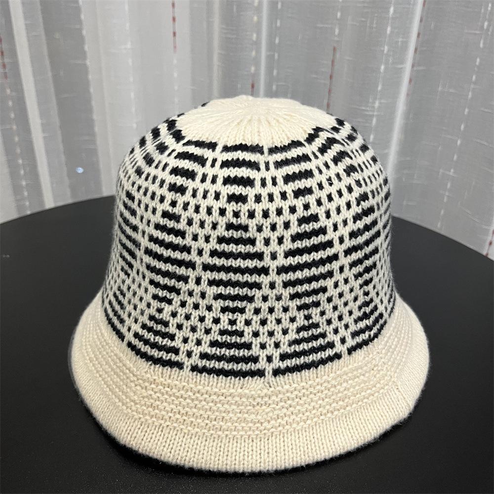 Mixed Color Jacquard Wool Knitted Bucket Hat Women's New Face Small Autumn and Winter Basin Hat Bucket Hat Tide